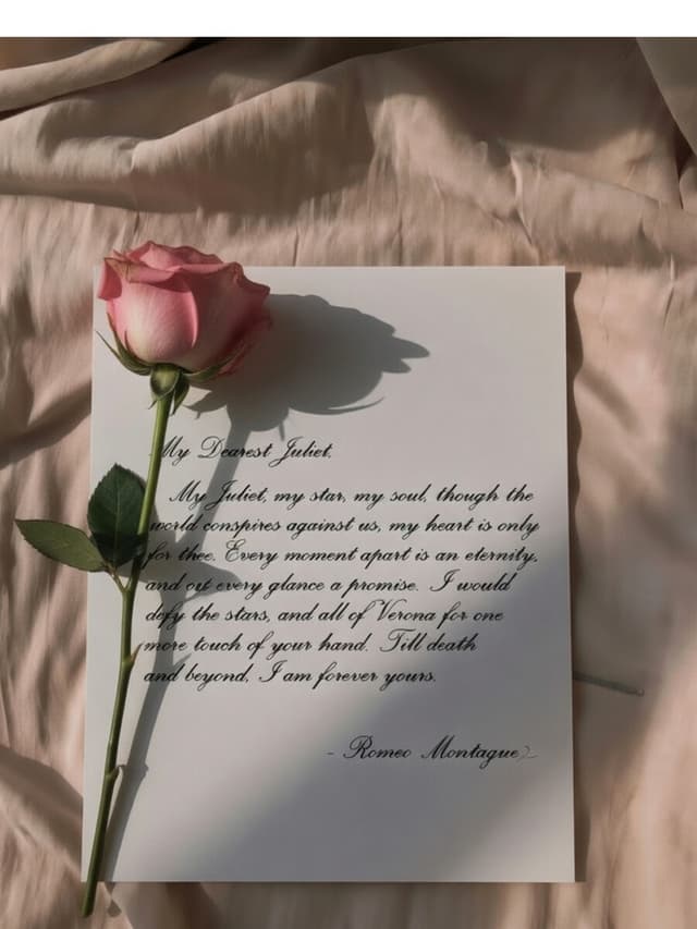 A pink rose resting on a handwritten love letter signed by Romeo to Juliet